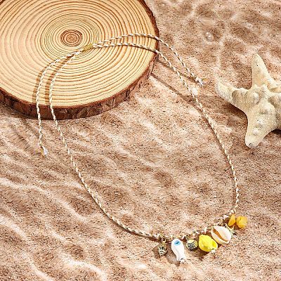Summer Beach Porcelain Fish & Natural Cowrie Shell Pendant Cotton Cord Adjustable Necklaces FS-WG63638-03-1