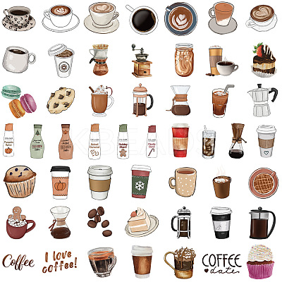 50Pcs Coffee PVC Stickers PW-WG50366-01-1