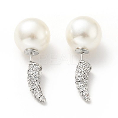 Clear Cubic Zirconia Horn with Acrylic Pearl Front Back Stud Earrings EJEW-G295-02B-P-1