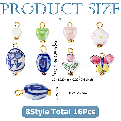 16Pcs 8 Style Handmade Porcelain Pendants PALLOY-HS00032-1