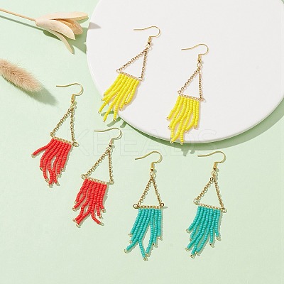Triangle Tassel Glass Seed Braided Dangle Earrings EJEW-MZ00109-1