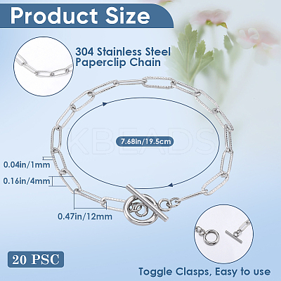 20Pcs 304 Stainless Steel Textured Paperclip Chain Bracelets BJEW-SP0001-02-1