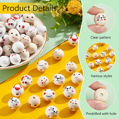 150Pcs 10 Styles Printed Wood European Beads WOOD-PH0002-84-1