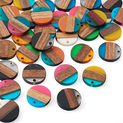 36Pcs 9 Colors Transparent & Opaque Resin & Walnut Wood Pendants RESI-TA0004-60-1
