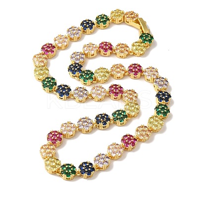Rack Plating Brass Pave Cubic Zirconia Flower Link Necklaces for Women NJEW-B108-01G-03-1
