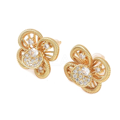 Brass Micro Pave Clear Cubic Zirconia Flower Stud Earrings EJEW-D337-09G-1
