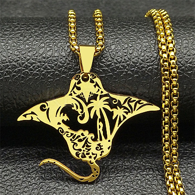 201 Stainless Steel Stingray Hollow Fish Pendant Necklaces NJEW-H065-29G-1