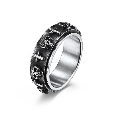 Stainless Steel Skull & Cross Rotatable Finger Ring SKUL-PW0002-015F-P-1