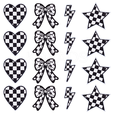 22Pcs 4 Styles Black and White Tartan Pattern Polyester Computerized Embroidery Cloth Iron on/Sew on Patches PATC-GA0001-75-1