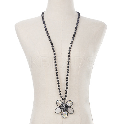 Glass Round Beaded Alloy Flower Pendant Long Necklaces for Women FS-WG02E2E-03-1