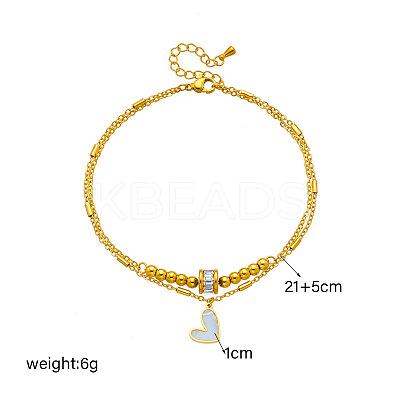 304 Stainless Steel Pave Clear Cubic Zirconia & Natural White Shell Heart Charm Double Layer Anklets for Women FS-WGDE261-01-1