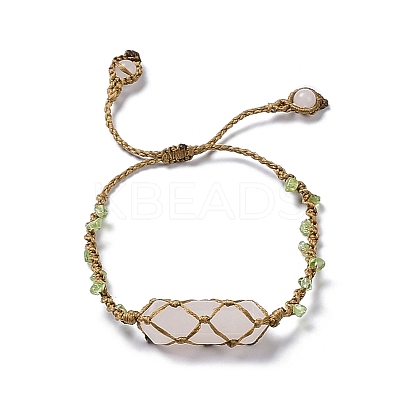 Natural Rose Quartz Bullet Braided Bead Bracelet BJEW-K225-01A-1