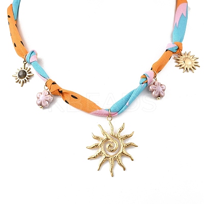 304 Stainless Steel Sun & Resin & Ceramic Flower Pendant Silk Ribbon Necklaces for Women NJEW-A063-10G-1