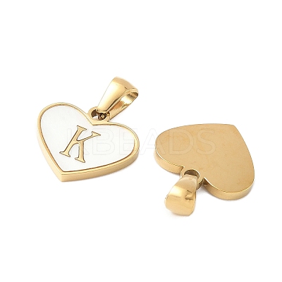 304 Stainless Steel Pave Natural White Shell Heart with Initial Slice Pendants STAS-R168-25G-K-1