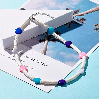 Handmade Polymer Clay Heishi Beaded Necklace with Flat Round for Women NJEW-JN03794-1