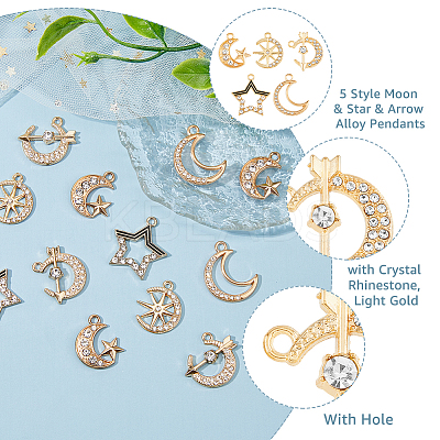 50Pcs 5 Style Moon & Star & Arrow Alloy Pendants FIND-HY0002-56-1