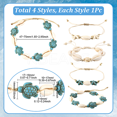 4Pcs 4 Style Natural Shell & Synthetic Turquoise Braided Bead Bracelets BJEW-SC0001-54-1