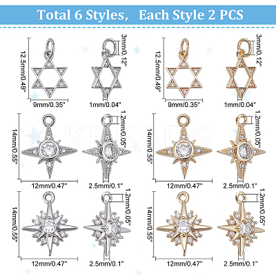 12Pcs 6 Style Brass Micro Pave Clear Cubic Zirconia Charms ZIRC-DC0001-02-1