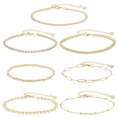 7Pcs 7 Style Brass Flat Snake & Satellite & Leaf Link Chain Anklets Set AJEW-PH0011-03-1