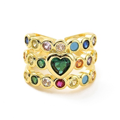 Colorful Cubic Zirconia Heart Open Cuff Ring RJEW-C061-03G-1