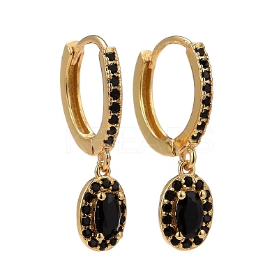 Black Cubic Zirconia Oval Dangle Huggie Hoop Earrings EJEW-C012-02-1