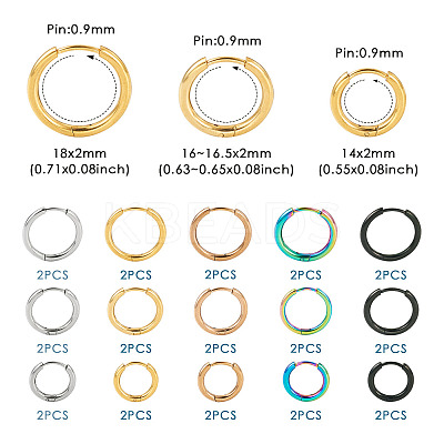 30Pcs 15 Style 316L Surgical Stainless Steel Huggie Hoop Earrings for Girl Women EJEW-TA0001-11-1