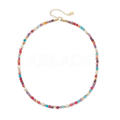 Dyed Faceted Round Natural Agate & Natural Cultured Freshwater Pearl Beaded Necklaces NJEW-JN05817-1