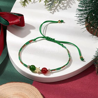Christmas 8mm Round Dyed Natural Malaysia Jade & Natural Carnelian & Glass Seed Beads Braided Bead Bracelets BJEW-MZ00070-01-1