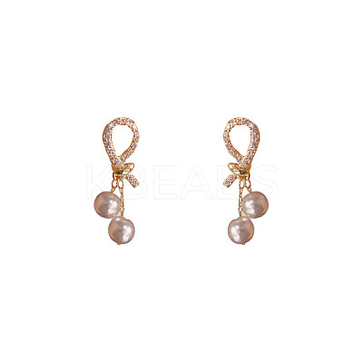 Brass Micro Pave Clear Cubic Zirconia Knot with Round Dangle Stud Earrings FS-WGC5F67-01-1