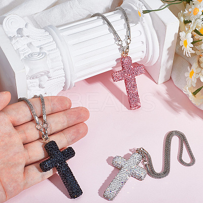 Polymer Clay Rhinestone Cross Pendant Alloy Chain Necklaces NJEW-CN0001-16A-1