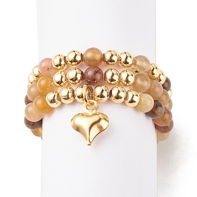 3Pcs 3 Style Natural Gemstone & Brass Beaded Finger Rings with 304 Stainless Steel Heart Charms for Women RJEW-JR00470-1