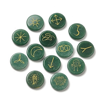 13Pcs Flat Round Natural Green Aventurine Rune Stones G-K335-08B-1