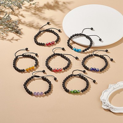 7Pcs 7 Color Natural Lava Rock & Lampwork Evil Eye Braided Bead Bracelets Set BJEW-JB08865-1