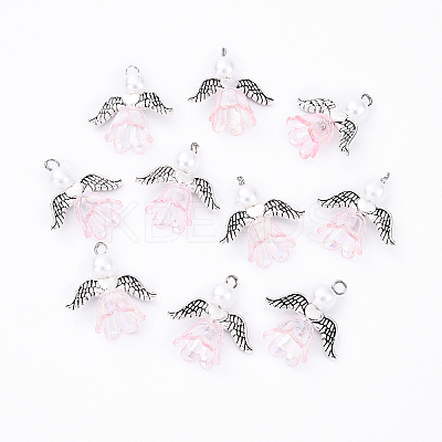 10Pcs Acrylic & Imitation Pearl Flower Angel Pendants PALLOY-YW00055-09-1