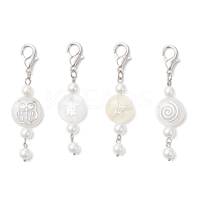 4Pcs 4 Styles Natural Shell with Glass Pearl Bead Flat Round with Owl Starfish Turtle Vortex Pendant Decorations HJEW-JM03927-1