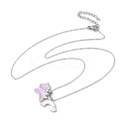 304 Stainless Steel Pearl Pink Enamel & Natural White Shell Pendant Unicorn Rainbow Pendant Necklaces for Women NJEW-M101-02P-1