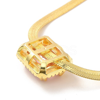 Pink Cubic Zirconia Rectangle Pendant Necklace with Flat Snake Chain for Women NJEW-B082-03-1
