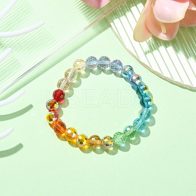 Rainbow Color Faceted Round Glass Stretch Bracelets for Women BJEW-JB09481-02-1