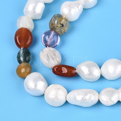 Natural Mixed Gemstone Nuggets & Natural Cultured Freshwater Pearl Beads Strands PEAR-N023-01A-12-1
