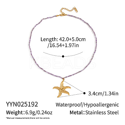 Ocean Theme Natural Amethyst Round Beaded 304 Stainless Steel Pendant Necklaces for Women YQ6110-2-1