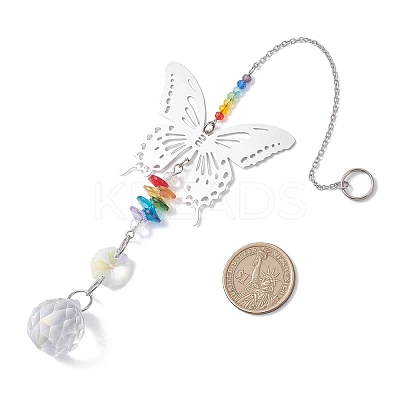 201 Stainless Steel Butterfly Shape & Rainbow Crystal Glass Hanging Suncatcher HJEW-JM04681-1