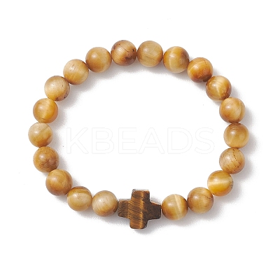 Natural Tiger Eye Round Beads Stretch Bracelets BJEW-JB13370-02-1