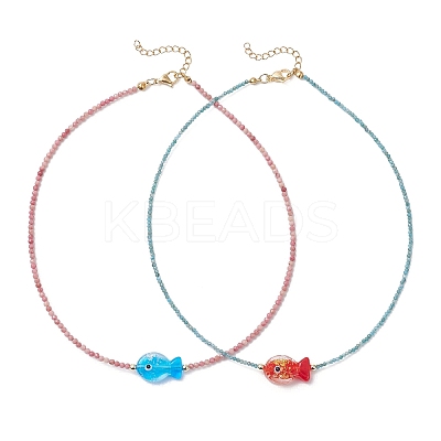 2Pcs 2 Colors Handmade Foil Lampwork Fish & Natural Apatite & Rhodonite Faceted Round Beaded Necklaces for Women NJEW-JN05536-1