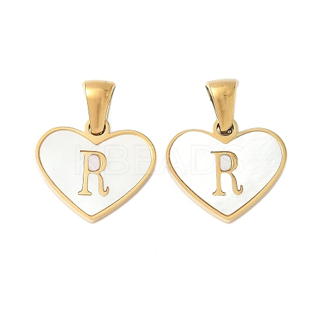 304 Stainless Steel Pave Natural White Shell Heart with Initial Slice Pendants STAS-R168-25G-R-1