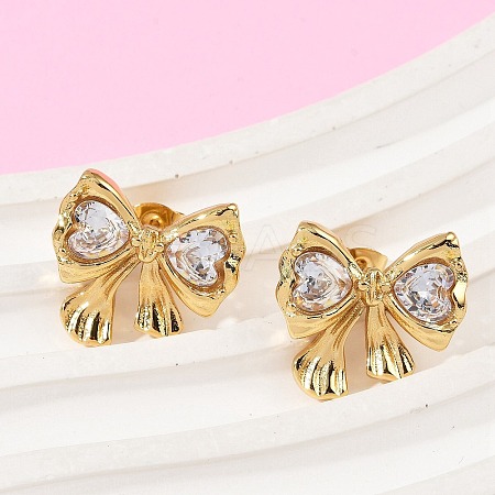 Bowknot 304 Stainless Steel Glass Stud Earrings LS-EJEW-M105-02G-1