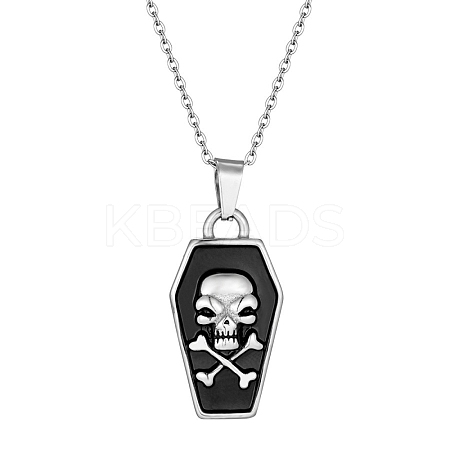 Halloween Theme 304 Stainless Steel Black Enamel Coffin with Skull Pendant Necklaces for Men LS-NJEW-Z090-01P-1