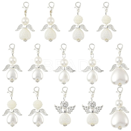 14Pcs 7 Styles ABS Plastic Imitation Pearl & Alloy Pendant Decorations HJEW-FS00042-01-1