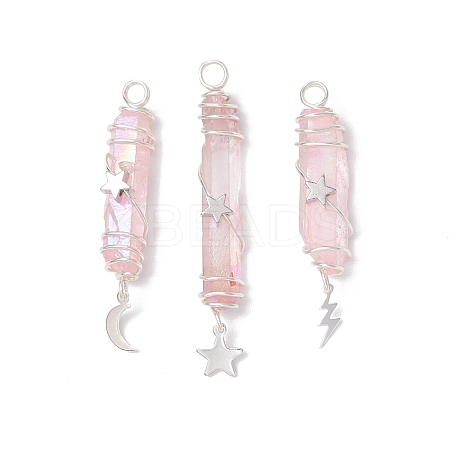3Pcs 3 Styles Electroplated Natural Quartz Crystal Pointed Copper Wire Wrapped Pendants PALLOY-JF03767-05-1