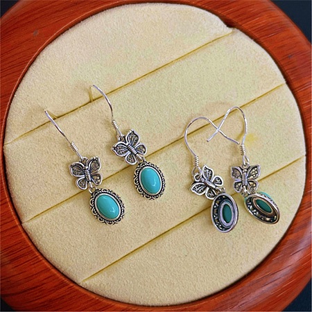 Butterfly with Oval Synthetic Turquoise Dangle Earrings EJEW-C178-02-1
