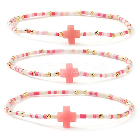3Pcs Bohemian Cross Charm Glass Seed Bead & Brass Beads Stretch Bracelet for Women SA4132-1-1